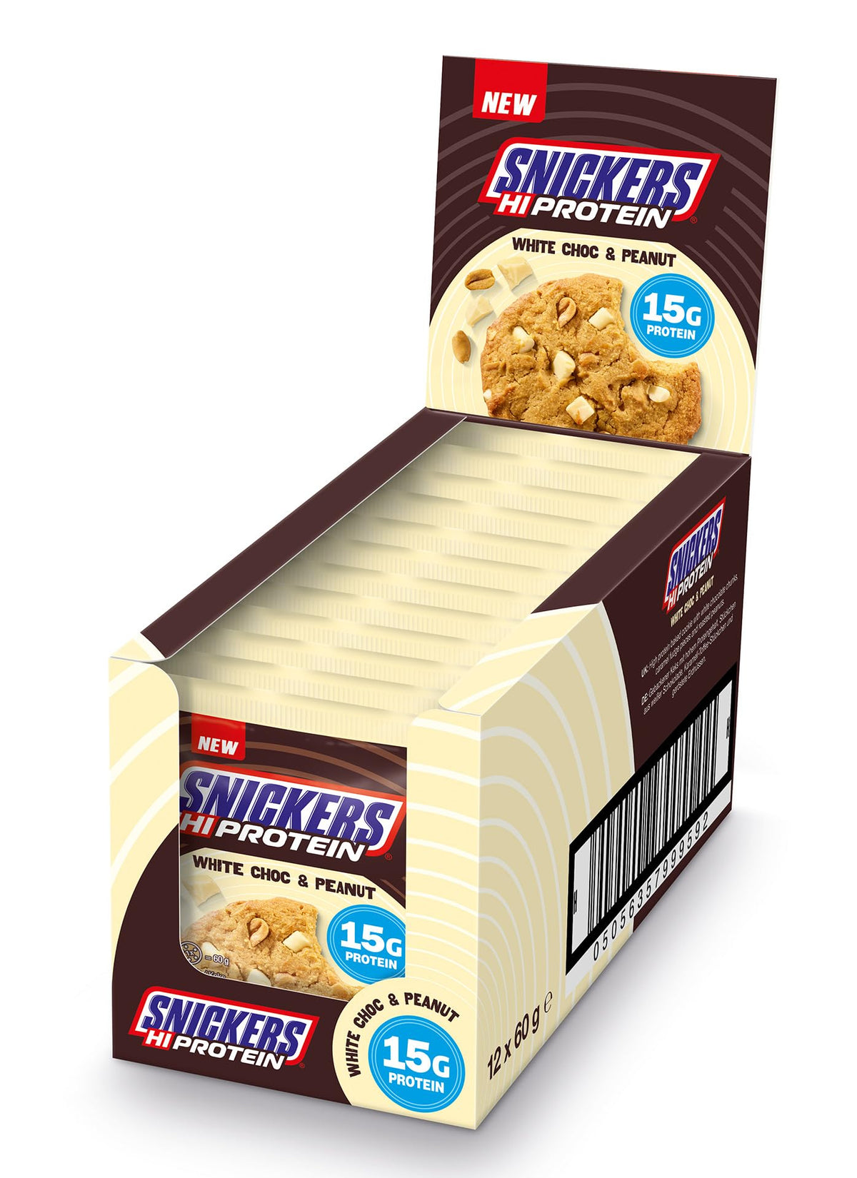 Snickers White Chocolate Peanut Baked Protein Cookie (12 x 60g), Hi-Protein Energy Snack, 15g Protein, Vegetarian