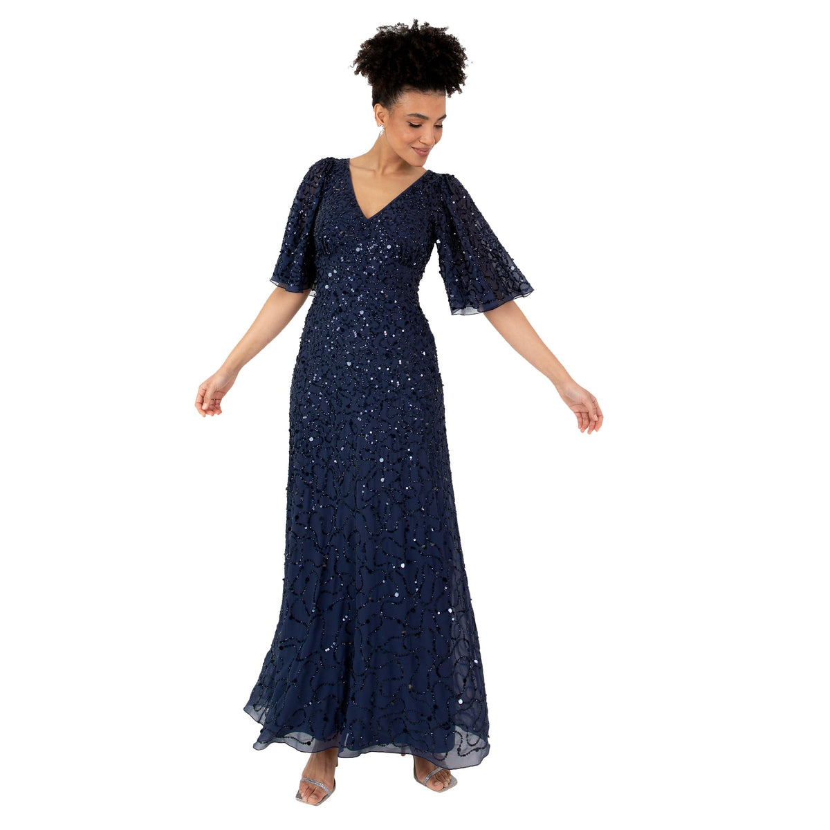 Maya Deluxe Women's Ladies Maxi Dress V-Neck Short Angel Sleeve Sequin Embellished A-line Bridesmaid Wedding Guest Prom Ball Gown, Navy Blue, 22