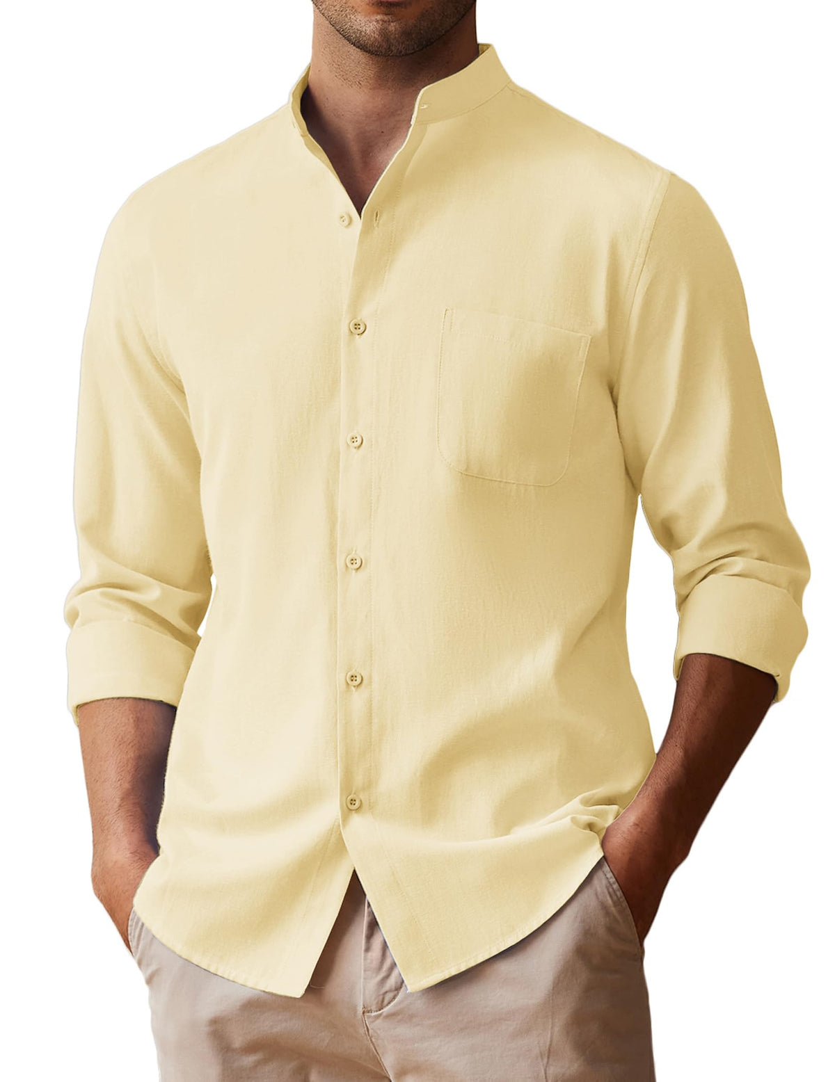 COOFANDY Mens Cotton Linen Shirt Long Sleeve Button Up Shirt Mandarin Collar Shirt with Pocket Beige