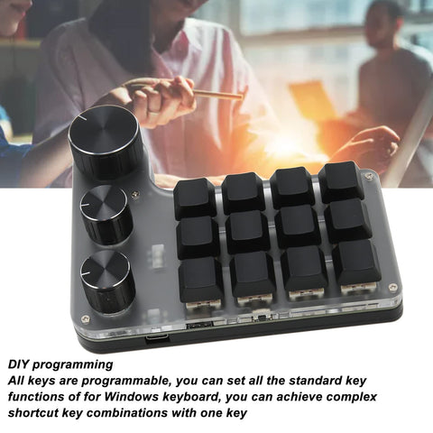 VBESTLIFE One Handed Mechanical Keyboard, 12 Keys RGB Programmable Macro Keyboard with 3 Adjustment Knobs, Bluetooth USB Connection, for Office Home Gaming