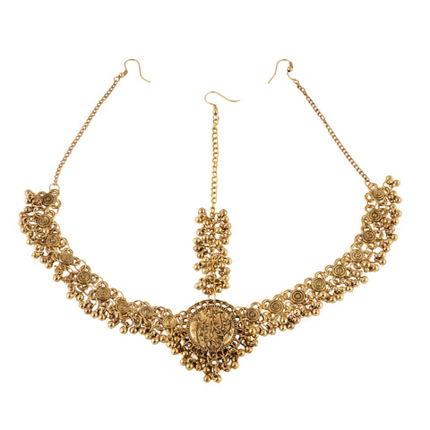 Jwellmart Indian Oxidized Jewelry Antique Boho Bohemian Retro Vintage Maang Tikka Tika Matha Patti Head Chain for Women (Gold)
