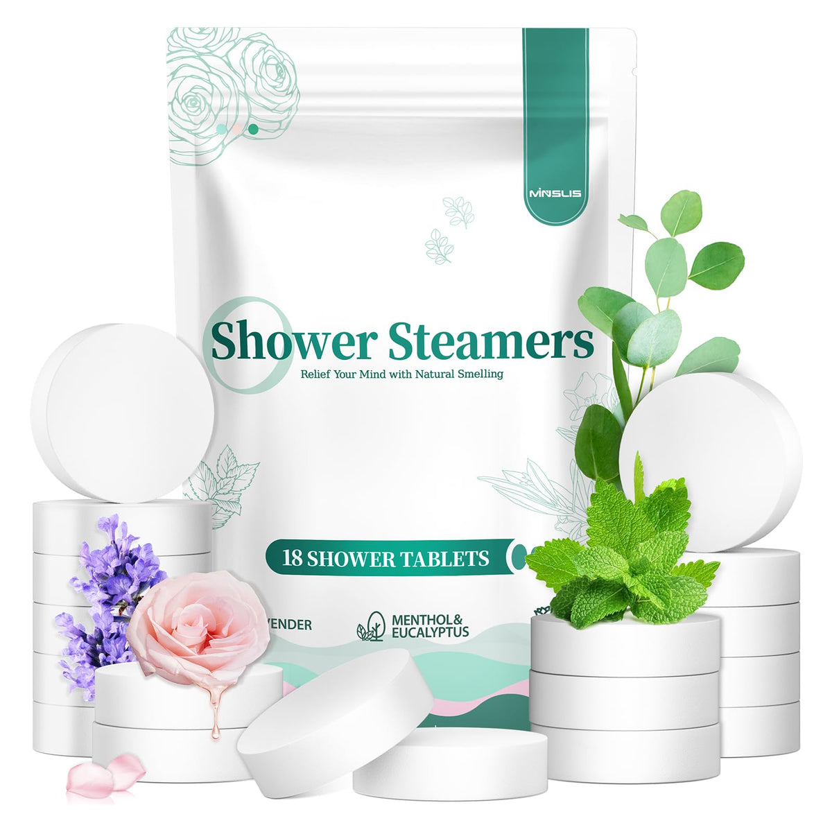 MINSLIS Shower Steamers Aromatherapy 18 Pack - Relaxation Birthday Gifts for Women and Men, Spa Gifts Self Care and Stress Relief Bath Bomb with Essential Oils (Eucalyptus & Mint, Lavender, Rose)