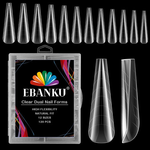 EBANKU 120 PCS Clear Dual Nail Forms System Flat Coffin Nail Mold Tips Acrylic Stiletto Nail Extension Tools for Nail Art Salon Nails Design