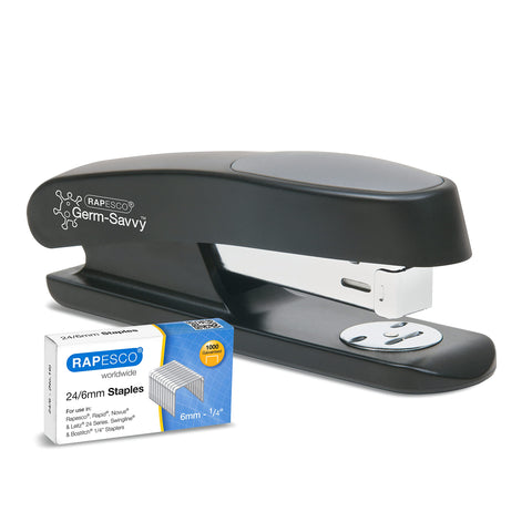 Rapesco 1482 Germ-Savvy Antibacterial ECO Sting Ray Stapler, 20 Sheet Capacity and 1000 24/6 mm Staples, Black