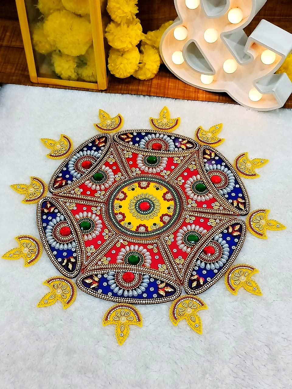 Itiha 12 Diya Rangoli Indian Decor for Wall, Floor & Table Decoration for Christmas and Diwali - 25 Piece Handmade(15 inches)