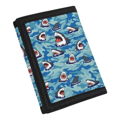 Coldinair Cool Shark Boys Wallet for Kids Ages 9-14 Trifold Purse Handbag Toddler/Youth Kids Wallets Coin Pocket Bag Card Holders Nylon Novelty Wallet for Childrens, Blue Camouflage, Camo