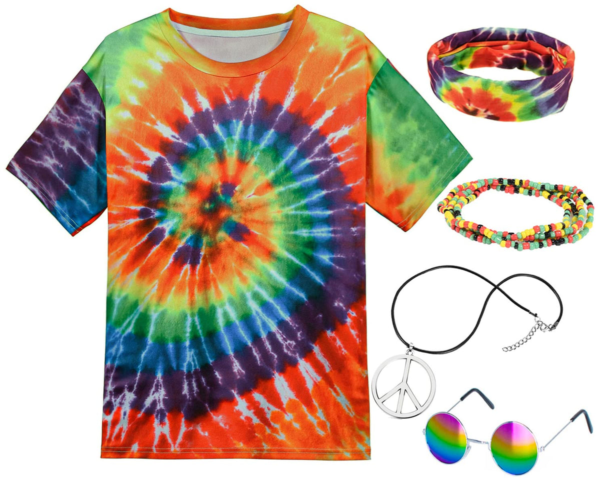 Hippie Costume for Men Momen 60s 70s Colorful T-Shirt 5 PCS Accessories set for Theme Party Small