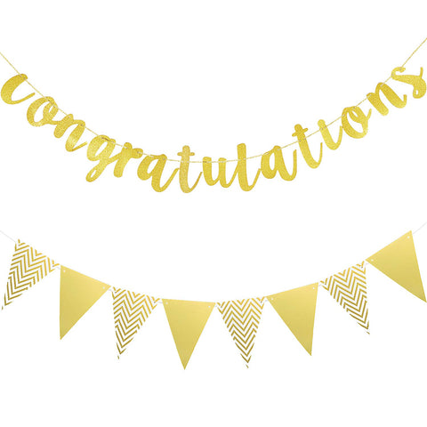 Boao 2 Pieces 2024 Gold Congratulations Graduation Banner Triangle Flag Banner Vintage Glitter Congratulations Banner Pennant for Wedding Shower Ceremony Retirement Party Supplies