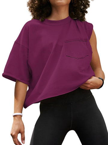 ATHMILE Womens Oversized T-Shirts Short Sleeve Workout Crop Tops Casual Drop Shoulder Boxy Roll Hem Basic Loose Tees Purple Red