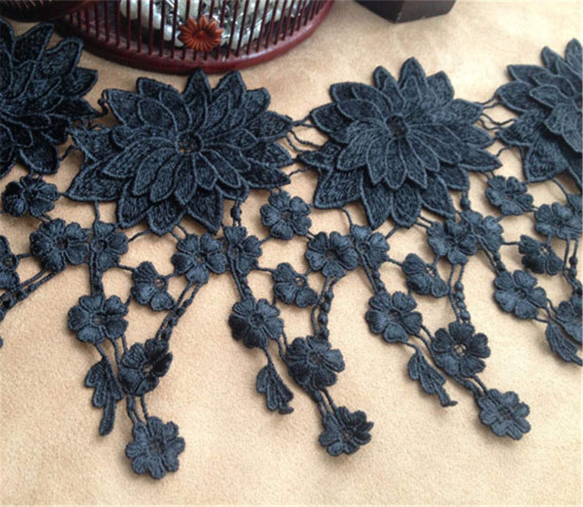 Guipure Lace Trim 3D Flower Embroidery Lace Fringe Trimmings Ribbon DIY Bridal Wedding Dress Handcrafts Sold by 2 Yards (Black)