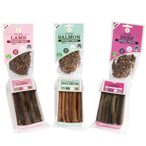 JR Pet Products 6 x Pure Natural Dog Treat Bundle (3 x 85g training treats 3 x 50g Pure meat Sticks). Delicious Salmon, Lamb & Beef Flavours