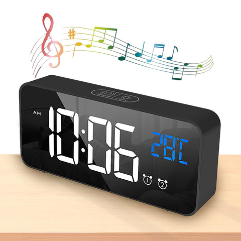 WDEC LED Digital Alarm Clock, 2 Alarms Set with 13 Music, Temperature Display, Snooze, 4 Levels Adjustable Brightness Dimmer, Adjustable Volume, USB Charging Port, Portable Mirror Alarm Clock (Black)