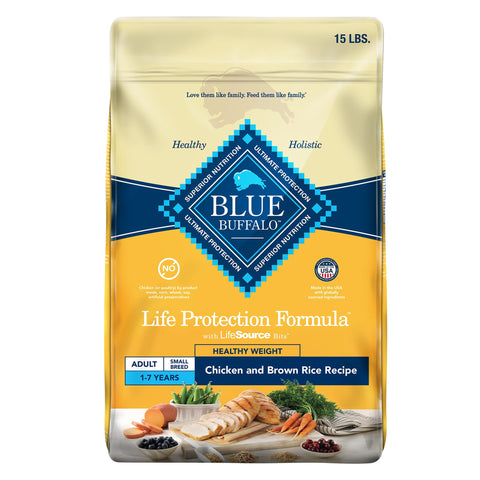 Blue Buffalo Healthy Weight Small Breed Dog Food, Life Protection Formula, Natural Chicken & Brown Rice Flavor, Adult Dry Dog Food, 15 lb Bag