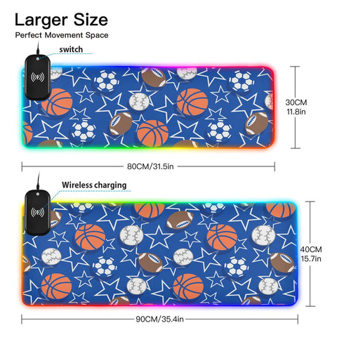 Basketball Balls Wireless Charging Mouse Pad for Mobile Phone Extra Large Gaming Mousepad with 13 Lighting Modes Mouse Mat for Office Home Gaming MacBook PC Laptop Desk