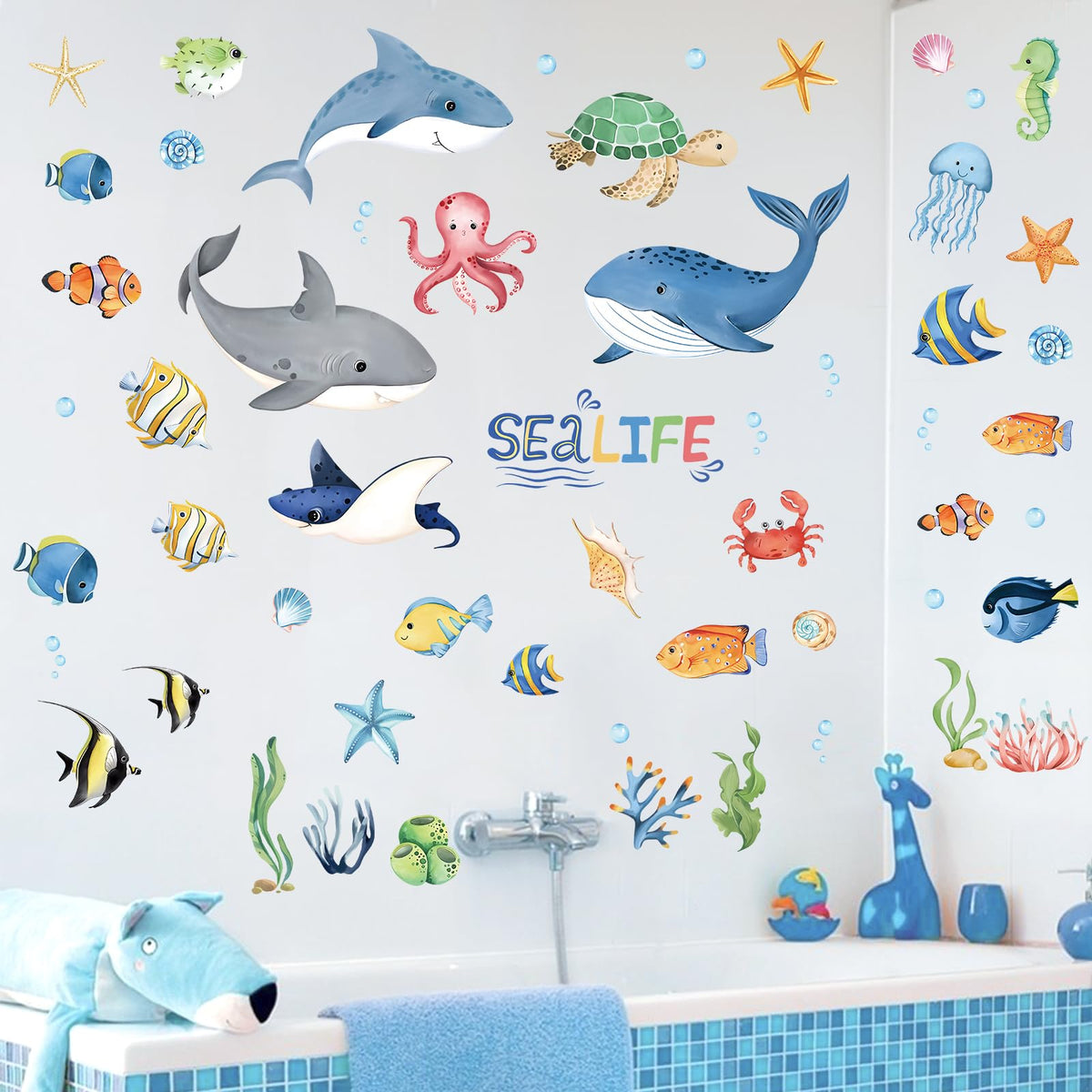 decalmile Under The Sea Tropical Fish Wall Decals Ocean Shark Sea Turtle Wall Stickers Living Room Bedroom Bathroom Wall Decor