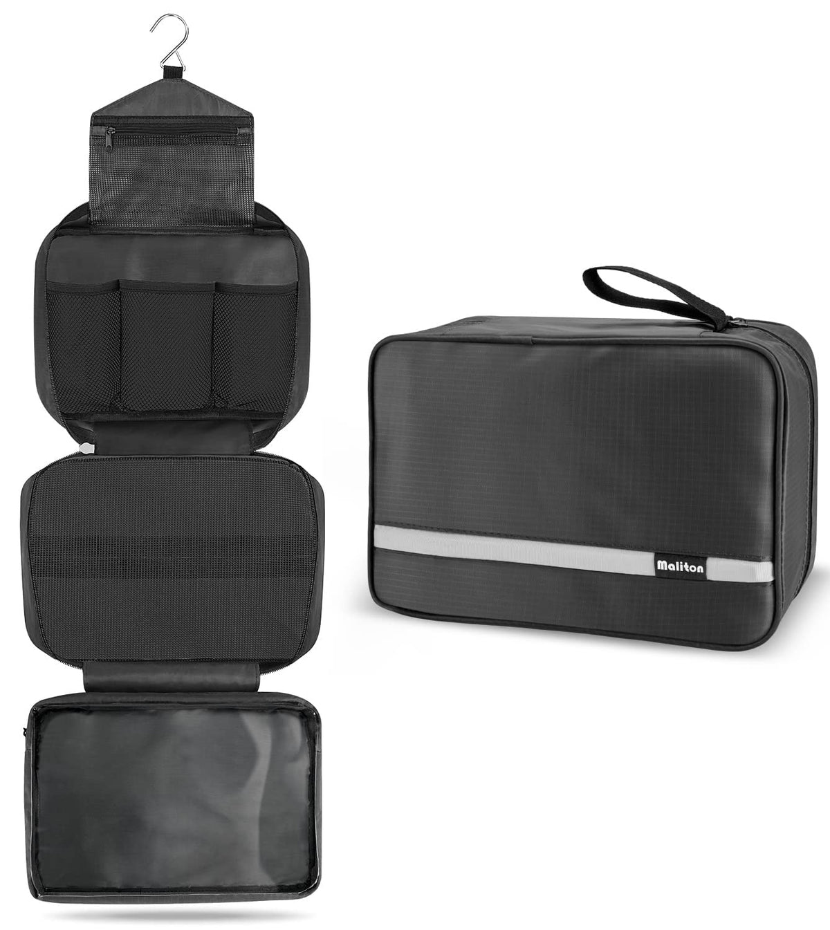 Maliton Travel Toiletry Bag, Large Hanging Toiletry Bag, Foldable Travel Bag with 4 Compartments, Waterproof Wash Bag for Business Trip, Vacation and Bathroom for Makeup Bag & Shower Bag?Black?