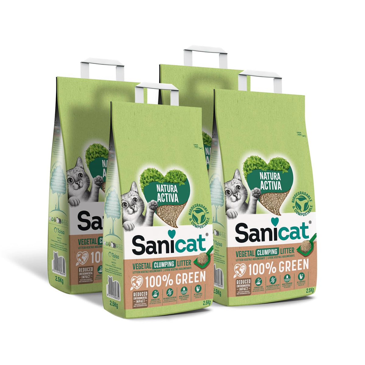 Sanicat - 100% Green Active Natural Clumping Vegetable Litter | High absorption and naturally forms clumps | Recycled, biodegradable, and compostable product | 4x2,5 kg capacity.