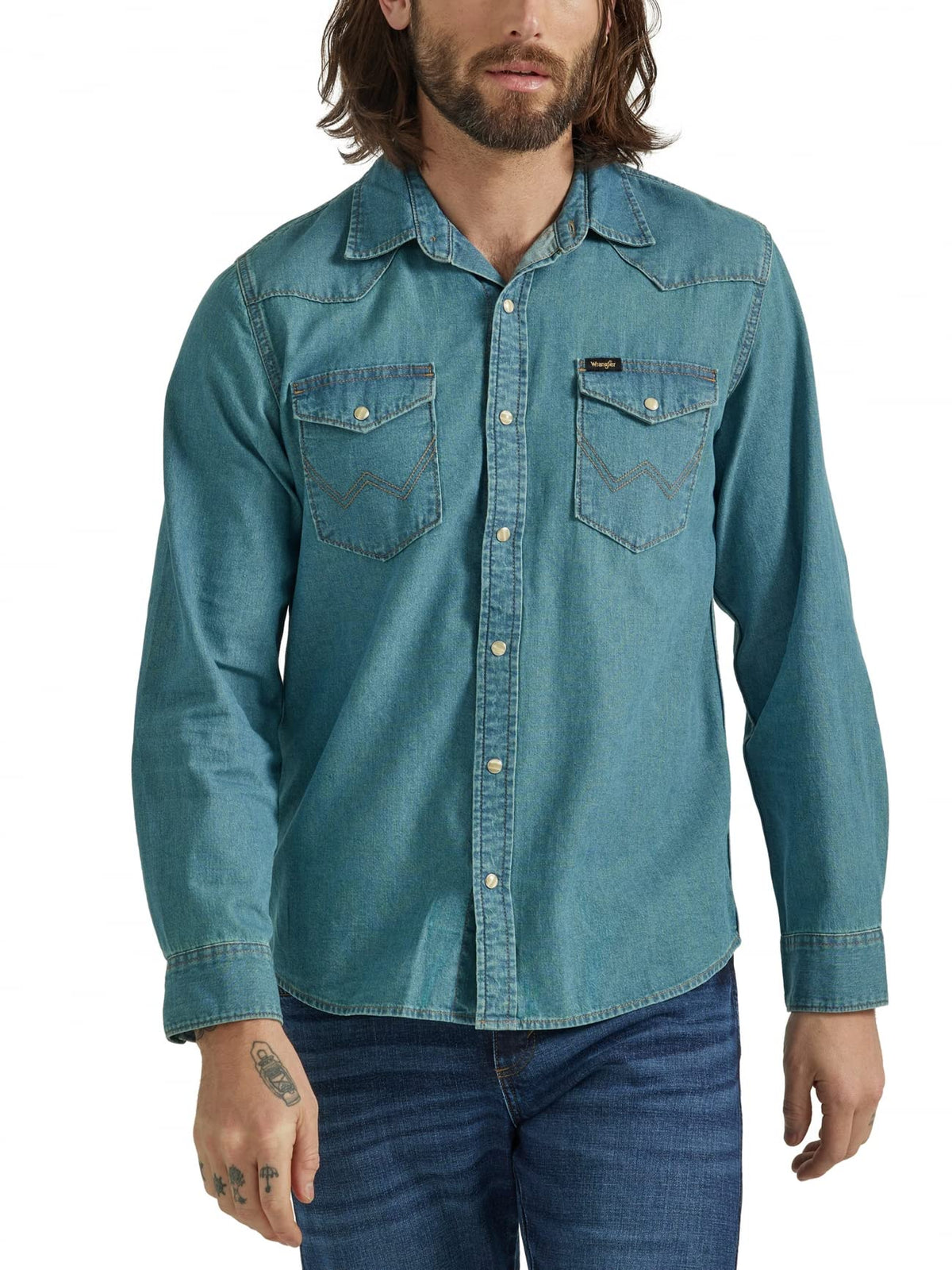 Wrangler Men's Iconic Denim Regular Fit Snap Shirt, Grit Wash, Medium