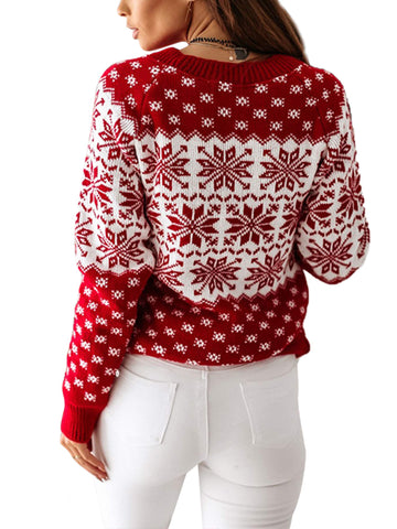 Achinel Women's Christmas Jumper Winter Kintwear Top Xmas Snowflake Long Sleeve Festive Knit Sweater S White Red Snowflake