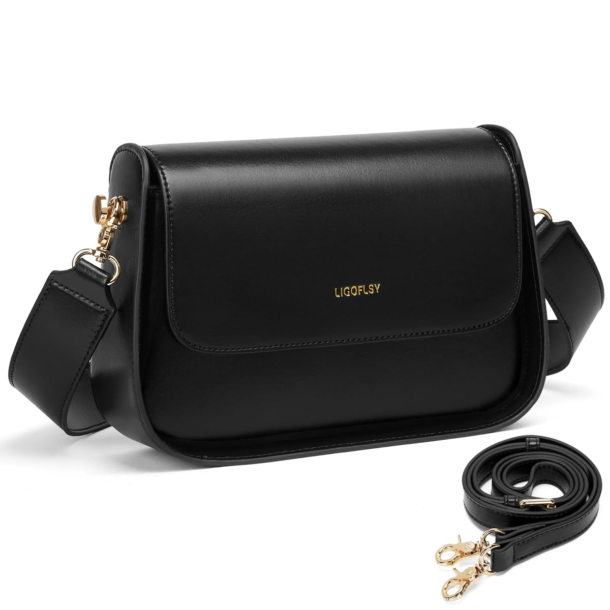 Ligoflsy Small Shoulder Purses for Women, Mini Leather Bags with 2 Removable Strap, Vegan Leather Satchel Bag, Black