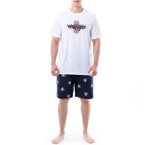 Wrangler Men's Jersey Top and Micro-Sanded Cotton Shorts Pajama Sleep Set, White/Navy