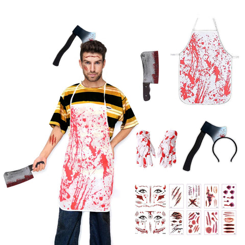 LKOIVNED Halloween Costumes for Men, Fancy Dress with Axe Headband Blood Gloves Plastic Cleaver Bloody Apron Tattoo Stickers for Butcher Halloween Costume Cosplay Party Dress Up