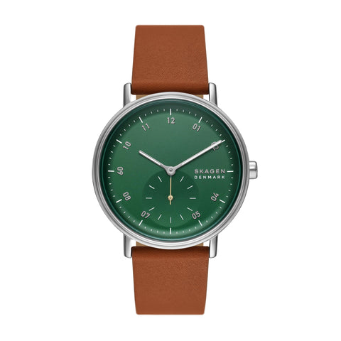 Skagen Men's Kuppel Two-Hand Sub-Second Silver Stainless Steel and Luggage Brown Leather Band Watch (Model: SKW6905)