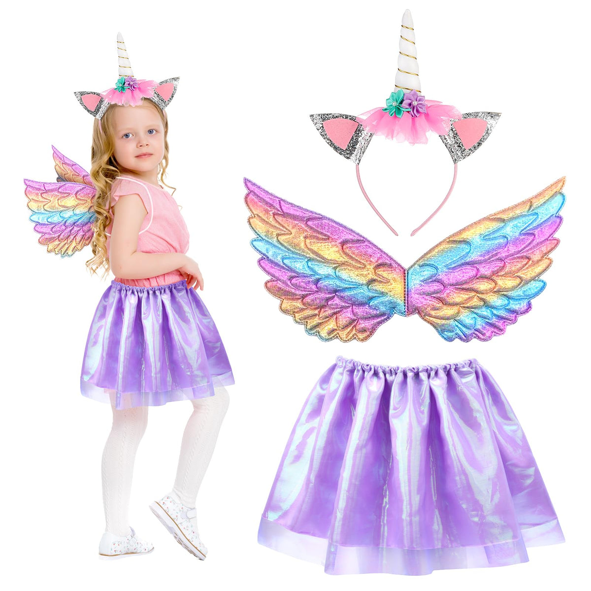 HONMOK 3 Piece Kids Unicorn Wings Costume, Unicorn Princess Fancy Dress Include Unicorn Headband Fairy Wings Tutu Dress, Unicorn Outfit Gifts for 3-10y Girls Halloween Birthday Party