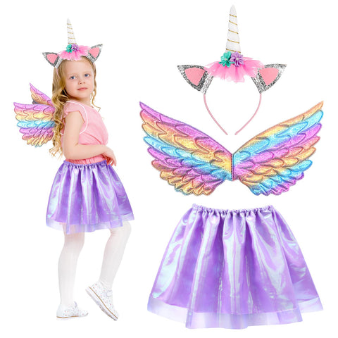 HONMOK 3 Piece Kids Unicorn Wings Costume, Unicorn Princess Fancy Dress Include Unicorn Headband Fairy Wings Tutu Dress, Unicorn Outfit Gifts for 3-10y Girls Halloween Birthday Party