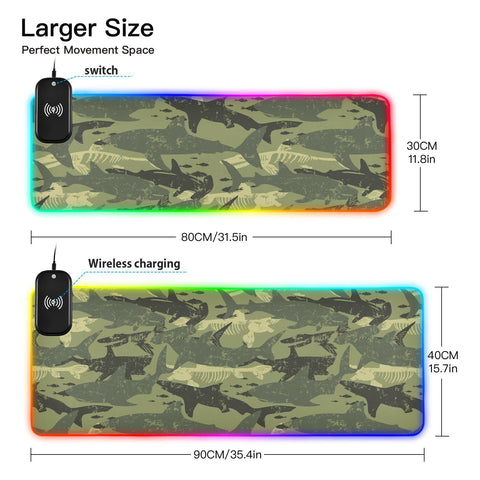 Camouflage Shark Wireless Charging Mouse Pad for Mobile Phone Extra Large Gaming Mousepad with 13 Lighting Modes Mouse Mat for Gaming MacBook PC Laptop Desk Home Office