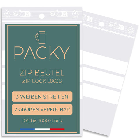 Packy Transparent Zip Bags with 3 White Stripes - 7 Sizes Available - Zip Bag - Reusable Zip Bag - Resealable Plastic Pouch - Ziploc Bag - 4 x 6 cm Pack of 1000