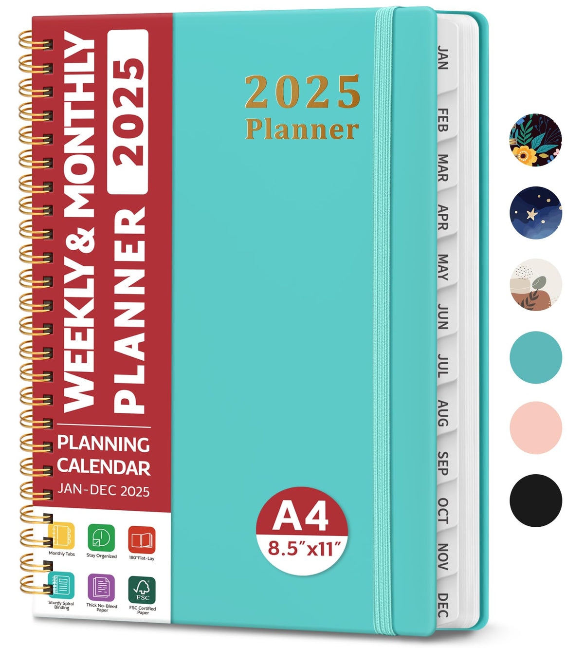 2025 Planner - Weekly and Monthly Planner Spiral Bound, January 2025 - December 2025, Hardcover 2025 Calendar Planner Book with Tabs, Inner Pocket, Perfect for Office Home School Supplies - A4 (8.5" x 11"), Aquamarine