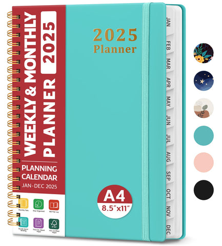 2025 Planner - Weekly and Monthly Planner Spiral Bound, January 2025 - December 2025, Hardcover 2025 Calendar Planner Book with Tabs, Inner Pocket, Perfect for Office Home School Supplies - A4 (8.5" x 11"), Aquamarine