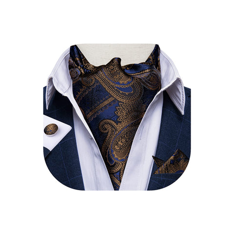 DiBanGu Blue Brown Ascot Ties for Men Cravat Tie and Pocket Square Set Jacquard Silk Ascot Paisley Cravat for Men