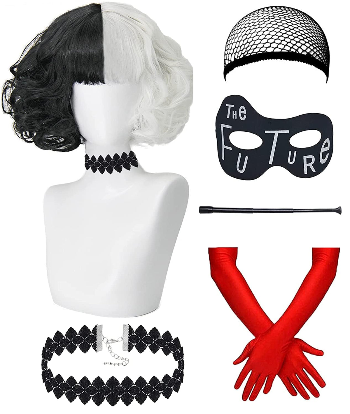 Wig for Cruella Deville for Women + Gloves + Wig Cap + Mask + Holder + Necklace Set, Short Black White Cosplay Wigs with Fringe for Carnival, Halloween, Cosplay Party, Fancy Dress 024A
