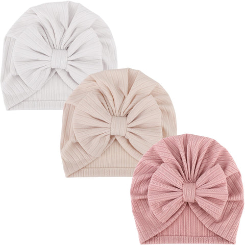 AQOKKA 3 Pcs Newborn Baby Turban Hats Big Bow Baby Girl Hats Infant Beanie Soft Warm Toddler Cap for Baby Girls Kids 3-12 Month