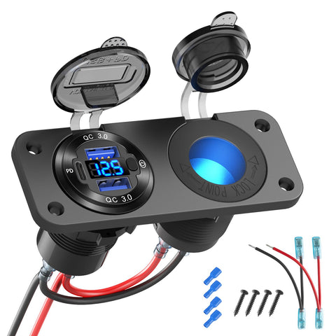 USB Socket 12V Marine Switch Panel Plug, PD3.0 and Dual USB Ports QC3.0 Aluminium Car Charger with LED Voltmeter, 150W Illuminated Cigarette Lighter Socket for Boat Camper, etc.