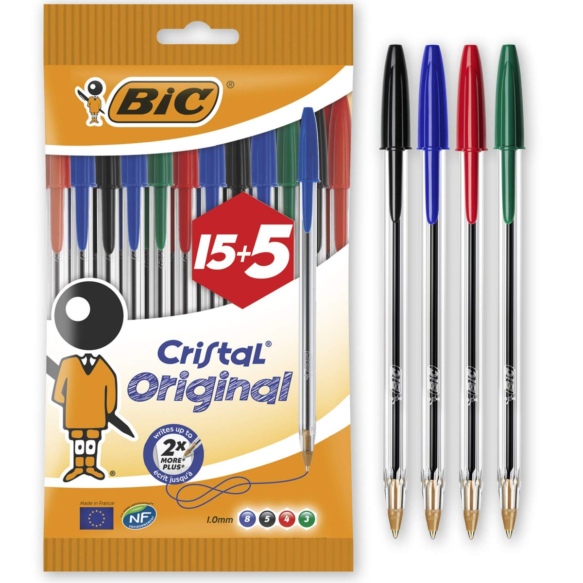 BIC Cristal Original Ballpoint Pens Medium Point (1.0 mm) - Assorted Colours, Pouch of 15+5