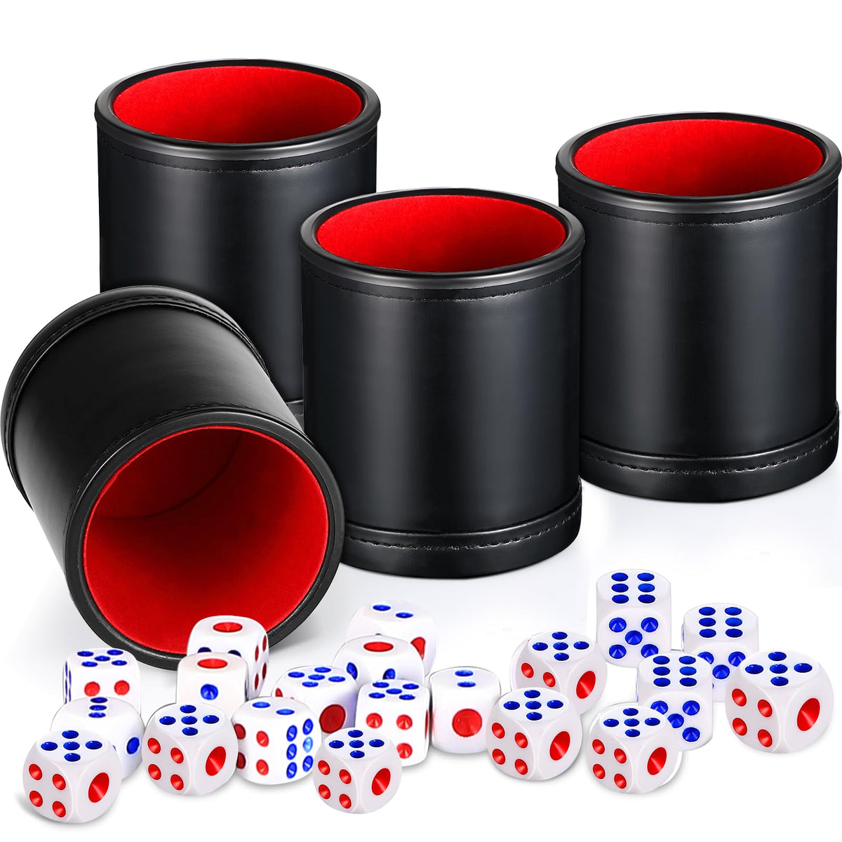 4 Pieces PU Leather Dice Cups, PU Leatherette Dice Cup Set, Red Felt Lining Quiet Shaker with 20 Dices for Craps Farkle Game Kill Time Pressure