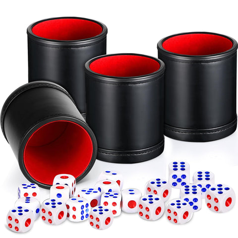 4 Pieces PU Leather Dice Cups, PU Leatherette Dice Cup Set, Red Felt Lining Quiet Shaker with 20 Dices for Craps Farkle Game Kill Time Pressure