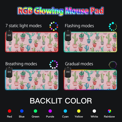 Cacti Flower Cactus Wireless Charging Mouse Pad for Mobile Phone Extra Large Gaming Mousepad with 13 Lighting Modes Computer Mat for Gaming MacBook PC Laptop Desk Office Home