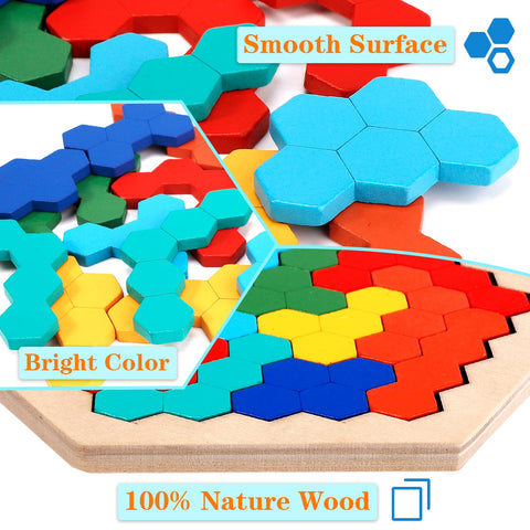 2 Pack Wooden Hexagon Puzzle & Russian Blocks Puzzle,Intelligence Brain Teasers Toy Wooden Puzzle for All Ages Challenge,3D Russian Blocks Logic Game Educational Gift for Kids Adults