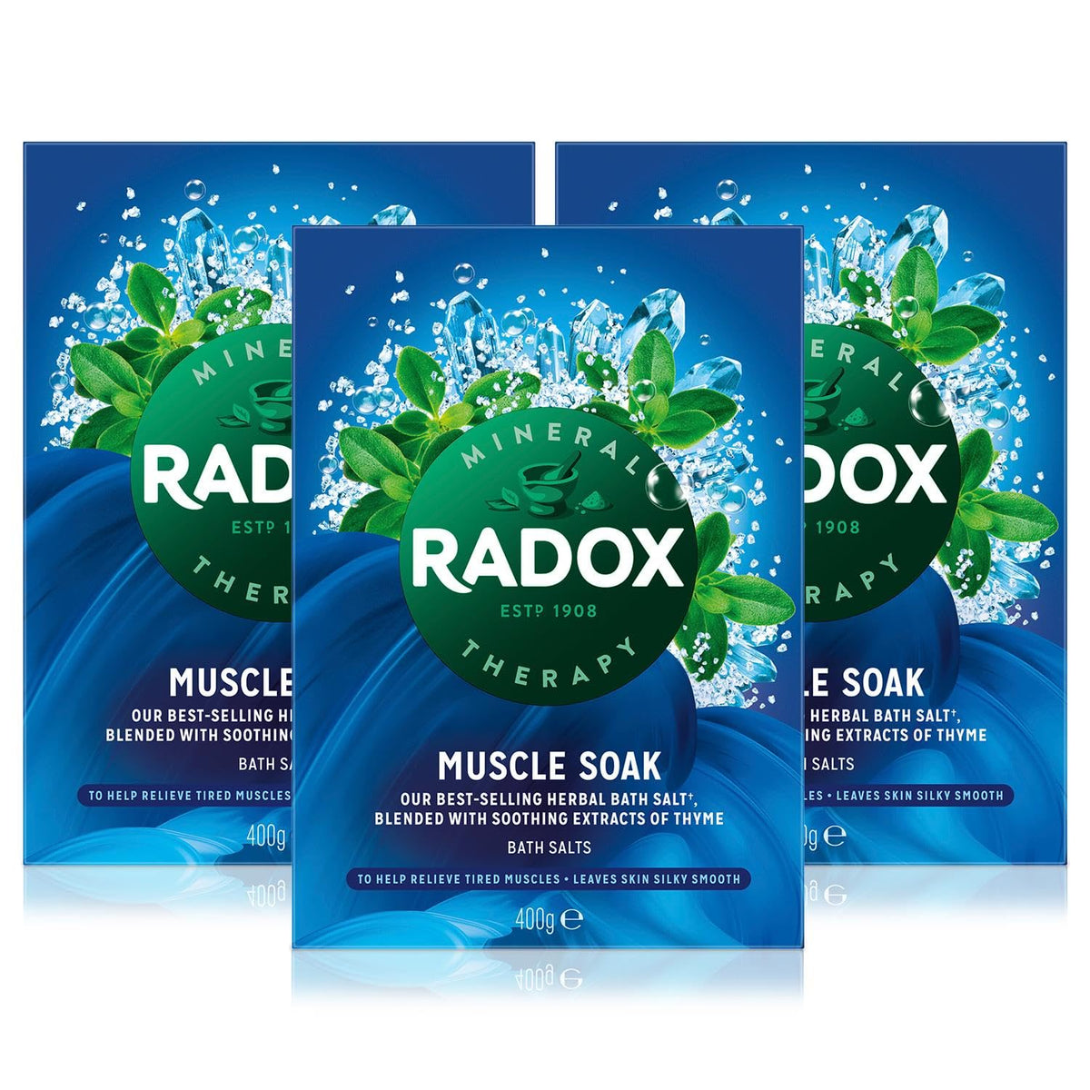 Radox Muscle Soak Bath Therapy Thyme scented herbal bath salt with expertly blended herbs and minerals to soothe and soak your tired and aching muscles, 400g Multi Pack 3