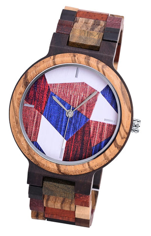 MicLee Mens Womens Wrist Watches Natural Bamboo Wood Quartz Watches Creative Colourful Patchwork Pattern Dial Bamboo Wood Strap Watche for Women Fashion Wood Watch Minimalist Dial Couple's Watch