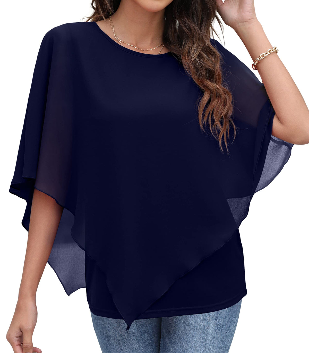 QIXING Women's Chiffon Blouse Tops Summer Crew Neck Casual Batwing Sleeves Handkerchief Hem Lined Flowy Blouses Shirts (Navy Blue, S)