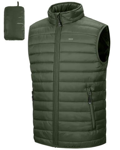 33,000ft Men's Lightweight Gilet, Packable Quilted Puffer Padded Vest Outerwear, Body Warmer Windproof Sleeveless Jacket for Golf Running Hiking Horse Riding Army Green L
