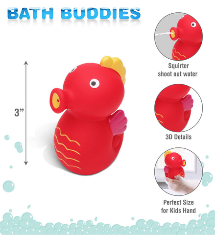 DolliBu Seahorse Bath Buddy Squirter - Floating Red Seahorse Rubber Bath Toy, Fun Water Squirting Bathtime Play for Toddlers, Cute Sea Life Animal Toy for The Bathtub, Beach, & Pool for Girls & Boys