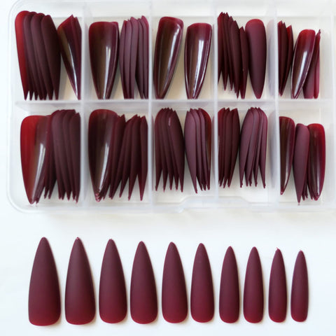 LoveOurHome 100pc Stiletto Press on Nails Long Fake Nails Matte Stiletto Nails Press ons Nail Burgundy Artificial Fingernails Long Pointy False Nails Full Cover Acrylic Nail Tips for Women Girls