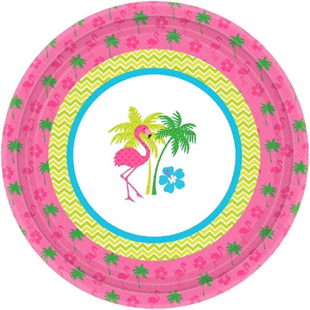 Amscan Sun-Sational Summer Luau Party Flamingo Fun Round Plates (8 Pack), Multi Color, 7 x 7"