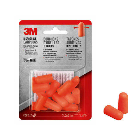 3M Disposable Earplugs, 7 Pairs (14 Total Plugs), Noise Reduction Rating (NRR) 32 dB, Easy To Insert & Remove, Expandable & Contoured For Comfortable Fit, Orange Ear Plugs (92077H7-DC)